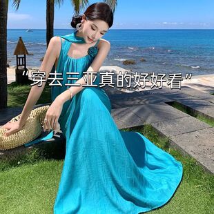 夏季 亮色系多巴胺泰式 挂脖吊带连衣裙女海边度假新疆旅行穿搭长裙
