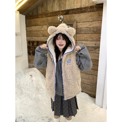 夹棉连帽小熊耳朵马甲背心女2025新款今年流行爆款超好看外套