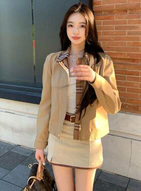 秋季复古卡其色外套女2025新款格子风衣夹克短款小个子上衣春秋款