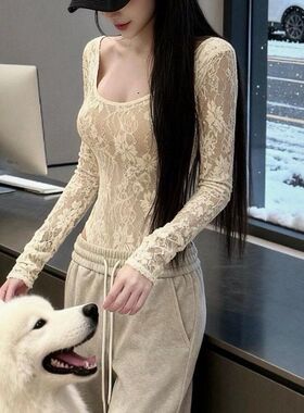 原版面料双层做法白色圆领长袖蕾丝衫女冬季打底衫内搭连体上衣