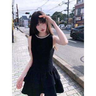 小香风黑色背心挂脖连衣裙女夏小个子气质收腰显瘦生日蛋糕裙 法式