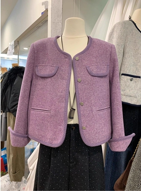 紫色小香风外套女短款2025冬季新款气质名媛小个子毛呢西装上衣潮
