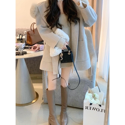 高级感羊绒双面呢子韩系短款大衣秋冬女装小个子气质收腰毛呢外套