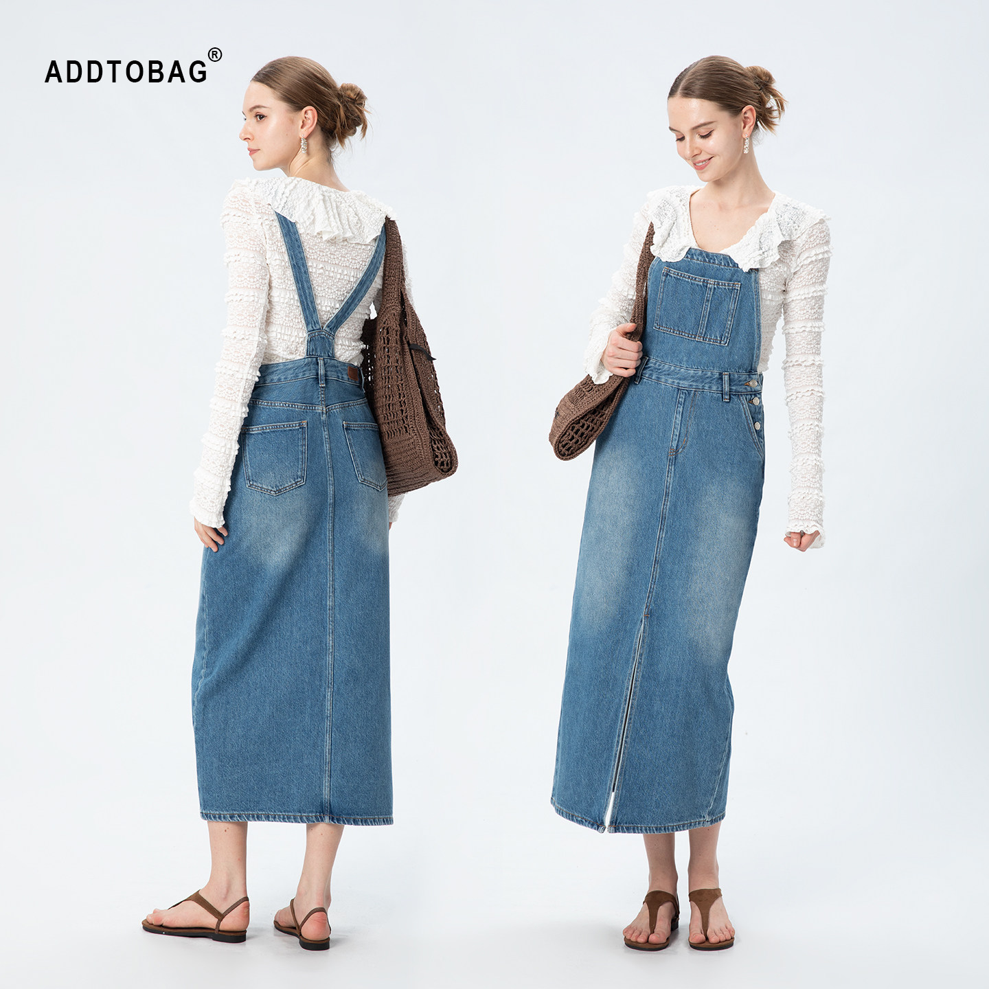 ADDTOBAG【流沙拾梦】气质减龄牛仔背带裙前开叉宽松休闲连衣长裙