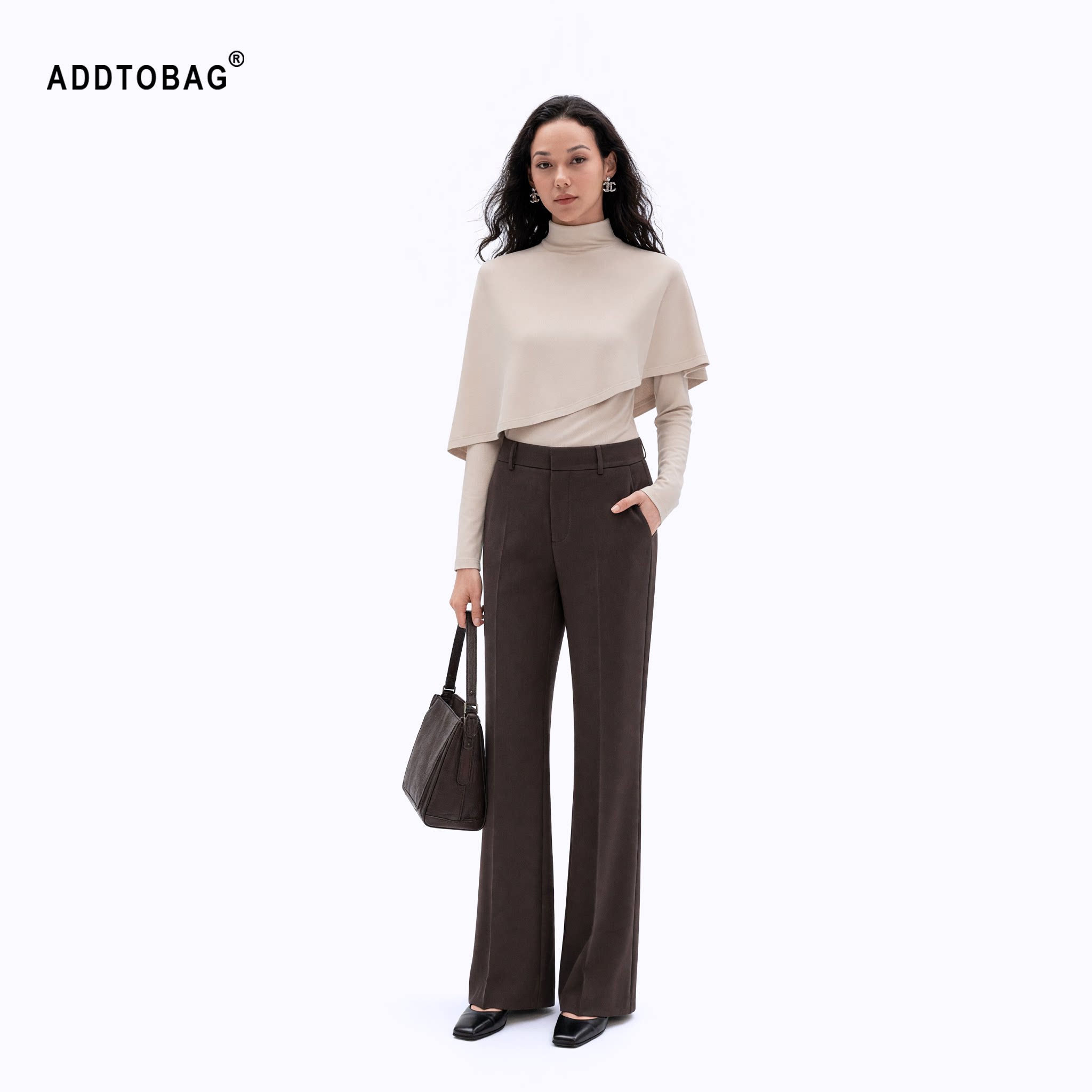 ADDTOBAG【奢感/茶棕色】秋冬羊毛通勤西裤高腰直筒微喇长裤百搭