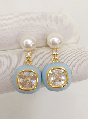 天然淡水珍珠耳钉女方糖浅蓝色锆石珍珠耳环18K包金S925纯银耳针