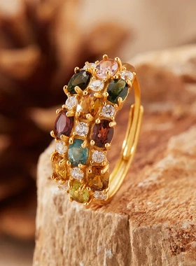 s925纯银天然宝石碧玺戒指女多色彩宝指环食指戒直播爆款