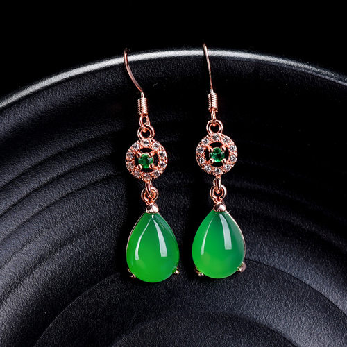 玫瑰金镶嵌绿玉髓耳环女款时尚玉石耳坠挂件货源福利礼品