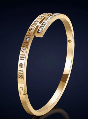 不锈钢欧美热卖锆石罗马数字手镯女钛钢不掉色高级感时尚饰品