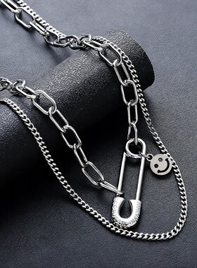 笑脸别针双层项链钛钢不掉色欧美嘻哈冷淡风男女个性锁骨链毛衣链