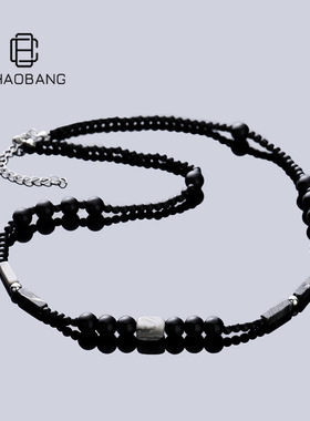 项链男天然石黑色串珠个性设计嘻哈百搭配饰女夏季高级感简约饰品