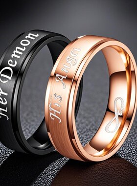 钛钢情侣对戒不掉色小众风HerDemonHisAngel天使