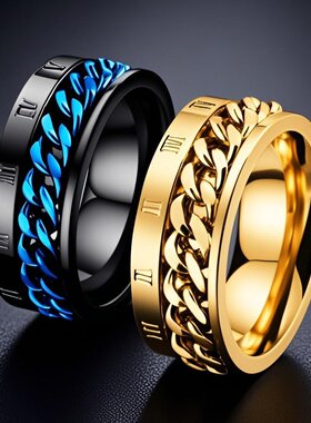 不锈钢戒指欧美转动链条旋转减压罗马数字8mm不掉色钛钢戒指