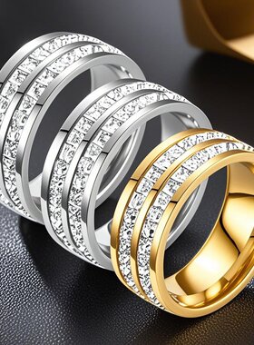 不锈钢钛钢戒指女百搭单排钻ins18K满天星不掉色饰品指环素圈