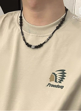 中式项链男原创设计天然石拼接黑色串珠锁骨链女小众百搭个性配饰