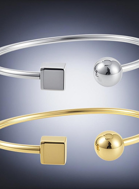 欧美新款不锈钢正方形圆球手镯时尚简约轻奢钛钢手环女潮流饰品