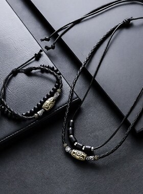 天珠藏青复古项链男个性编织蜡绳古色吊坠锁骨链高级感配饰女饰品