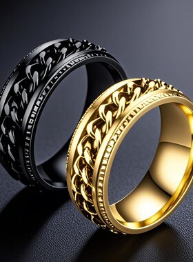 不锈钢戒指不掉色ins风男潮嘻哈男士旋转转动钛钢指环素圈