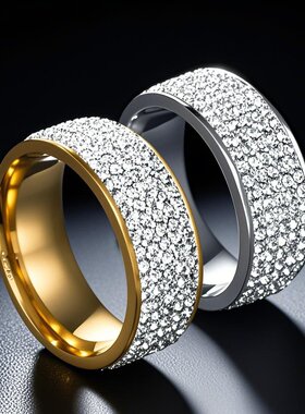 不锈钢戒指不掉色小众设计ins戒子指环饰品8mm5排钻男潮钛钢素圈