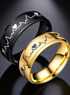 不锈钢戒指男款嘻哈小众不掉色ins心跳钛钢男士指环潮流饰品手