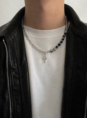 黑白冰裂珠芒星拼接项链男冷淡风复古潮流锁骨链酷潮配饰卫衣链子