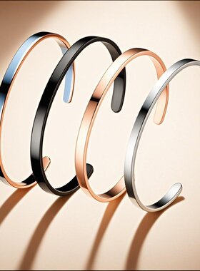 不锈钢手镯C形开口可调光面手镯钛钢女刻字LOGO图案时尚手环