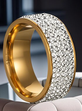 不锈钢戒指小众设计ins风5排钻男士指环8mm宽不掉色男潮钛钢素圈