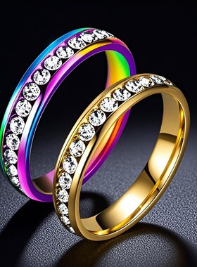 戒指女不掉色钛钢欧美镶钻不锈钢素圈ins风时尚一圈钻手饰