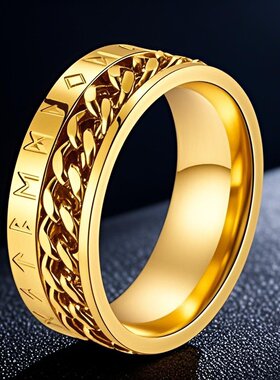 不锈钢戒指欧美维京文转动旋转指环冷淡8mm宽男潮钛钢戒指