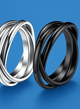 不锈钢戒指女不掉色小众欧美冷淡可旋转减压转动三环钛钢戒指