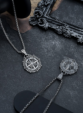 指南针护身符项链男欧美爆款指北针吊坠颈链圆形维京标致饰品