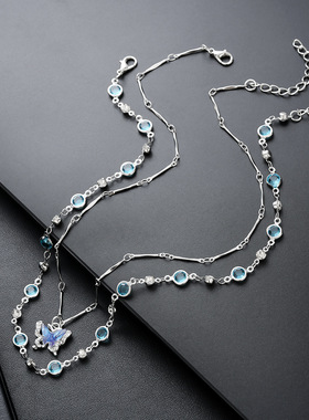 蓝色锆石蝴蝶项链男双层叠戴时尚设计气质锁骨链女高级百搭饰品潮