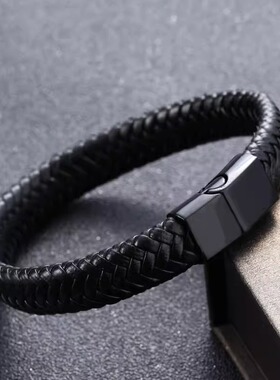 欧美黑色牛皮绳编织手环男潮复古小众简约设计感配饰工厂直销