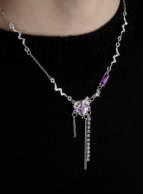 方块流苏项链男轻奢个性潮流气质甜酷紫锆石毛衣链女高级百搭饰品