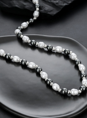 黑胆石珍珠项链男欧美时尚简约个性设计串珠首饰女高级百搭饰品潮