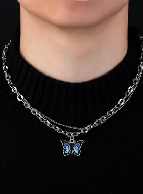 蓝色蝴蝶项链男钛钢不掉色时尚潮流简约设计毛衣链女高级百搭饰品