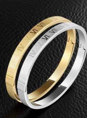 欧美热销罗马数字钛钢手镯男女时尚潮流两色可刻字不锈钢手环礼品
