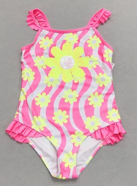 666外贸折扣 可爱黄色花朵儿童女童连体泳衣防晒游衣中小童泳衣装