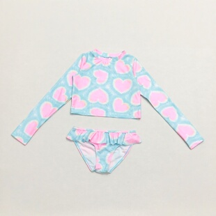 8岁儿童分体泳衣长袖 出口外贸2 防晒 爱心印花泳衣套装 UPF50