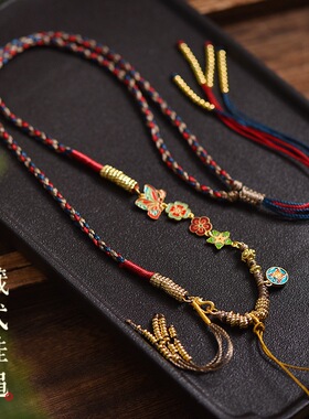 唐卡挂坠绳手搓棉线锁骨链手工编织藏式吊坠绳五路财神翡翠项链绳