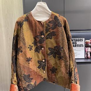 小雪家 秋风落叶 新中式国风圆领盘扣真丝混纺香云纱夹棉羽绒服