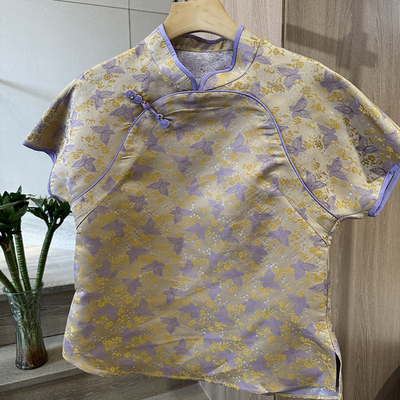 小雪家 【心动紫蝶】夏季新款国风立领新中式真丝斜盘扣短袖上衣