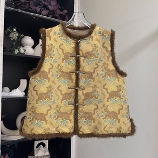 圆领桑蚕丝 新中式 织金水貂毛夹棉上衣马甲 五毒凝霜 小雪家