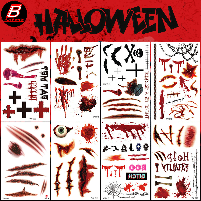 新款万圣节纹身搞怪伤疤防水仿真纹身贴纸血腥恐怖疤痕纹身贴脸贴