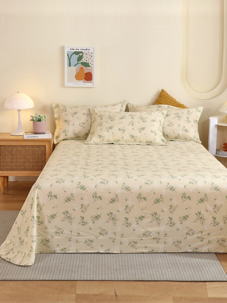 100全棉纯棉床单件单人双人夏季被单大学生宿舍枕套三件套带花边