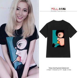 东大门Ulzzang韩版嘻哈街舞上衣幽默脸谱印花宽松短袖t恤女夏新品