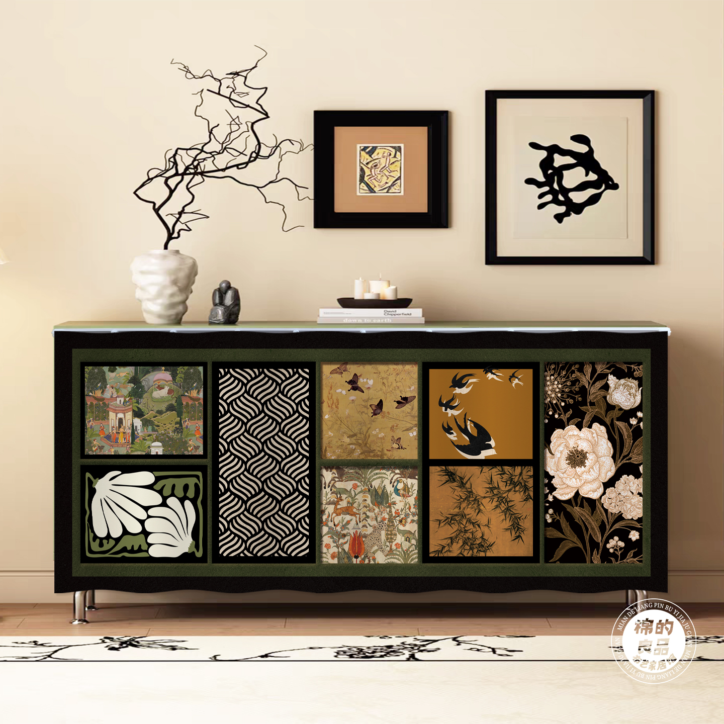 柜子遮挡帘中古风无门鞋柜电视柜杂物柜防尘帘橱柜滑轨遮丑布帘子