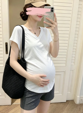 孕妇怀孕短袖纯棉上衣夏季新款时尚v领显瘦侧边褶皱飞飞袖款T恤衫