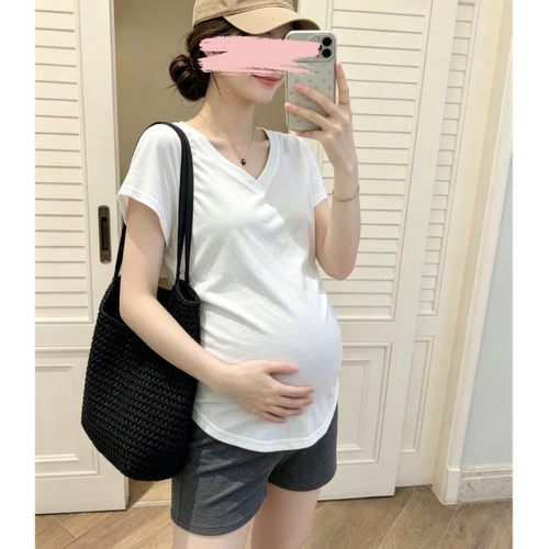 孕妇怀孕短袖纯棉上衣夏季新款时尚v领显瘦侧边褶皱飞飞袖款T恤衫