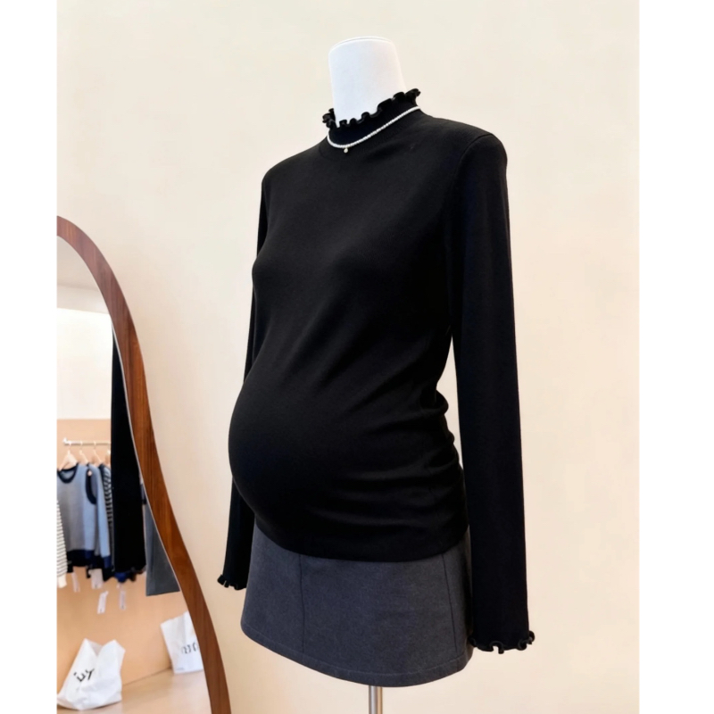 小个子孕妇装秋冬新款时尚针织衫木耳边上衣宽松大码毛衣半高领款